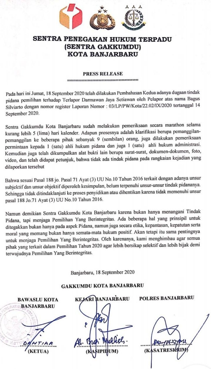 Tuduhan Dugaan Pelanggaran Tidak Pidana Kepada Salah Satu Calon Wakil Walikota Banjarbaru Tidak Terbukti, Sentra Gakkumdu Sebut Unsur Pidana Belum Terpenuhi 2 S00919 13494707